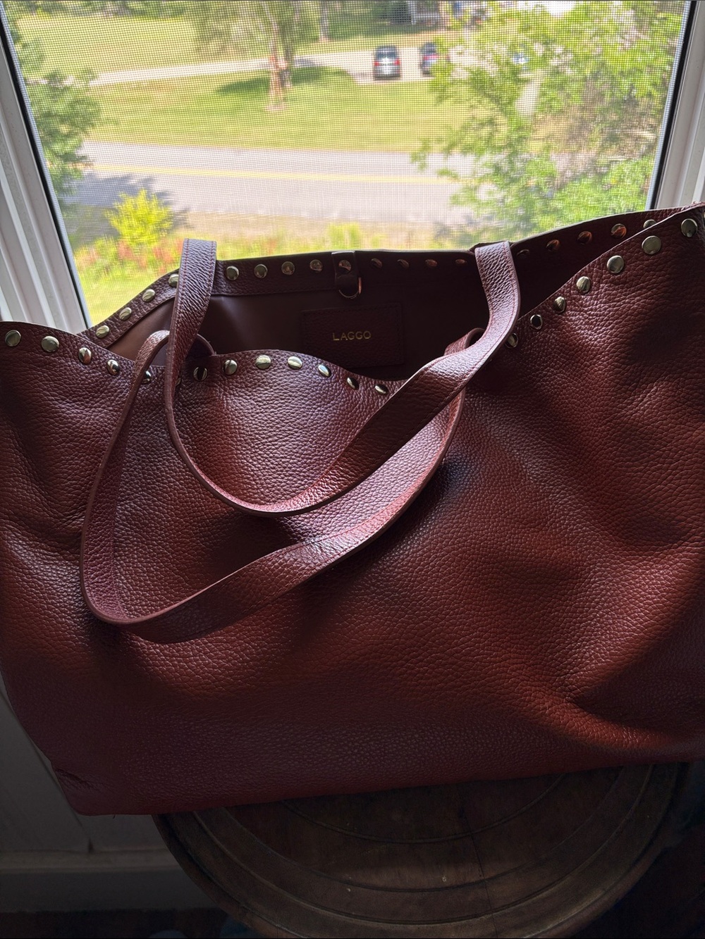 LAGGO Remy Leather Carry All Brown Stud-Trim Tote Bag